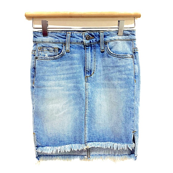 Joe’s Jeans Denim Pencil Jean Skirt Size 25 Fringe High-Lo Fray Hem Straight NWT - Picture 1 of 12